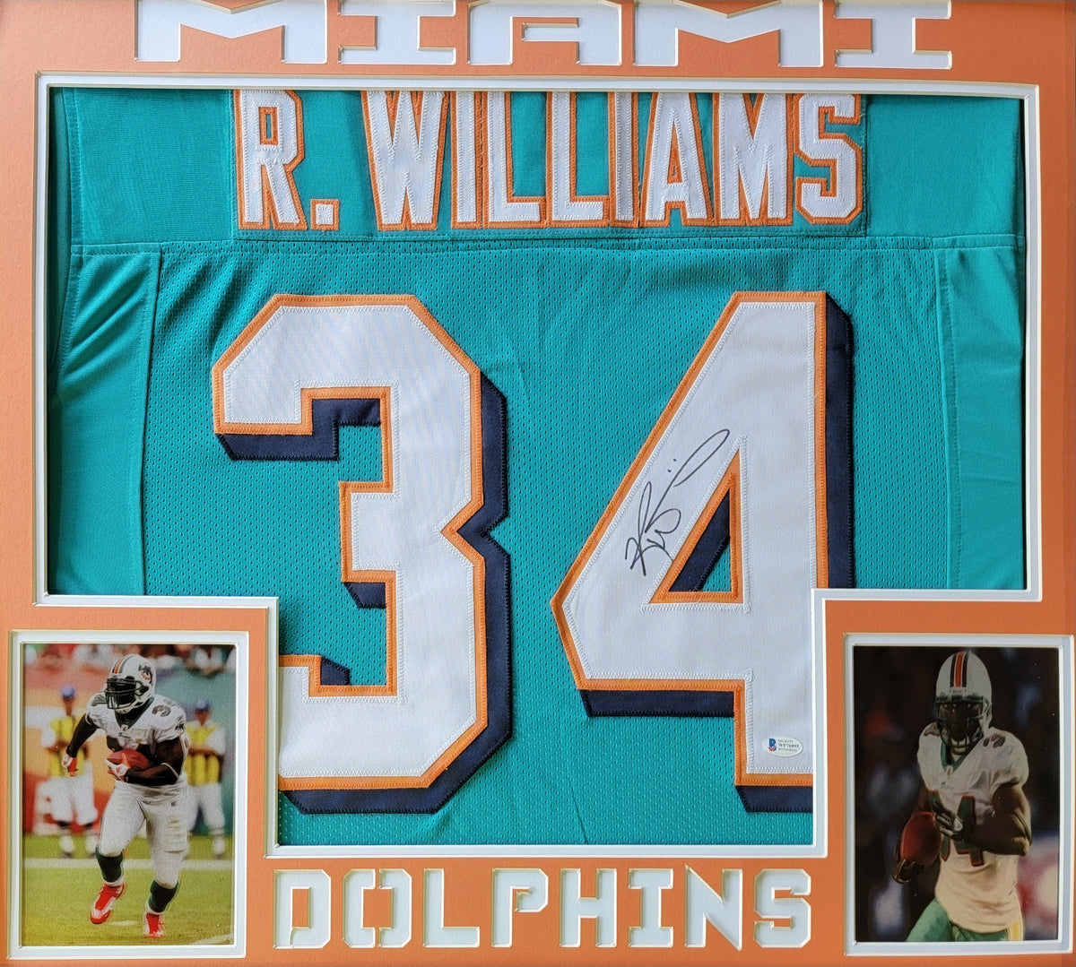 RICKY WILLIAMS SIGNED CUSTOM MIAMI DOLPHINS FRAMED JERSEY WITH